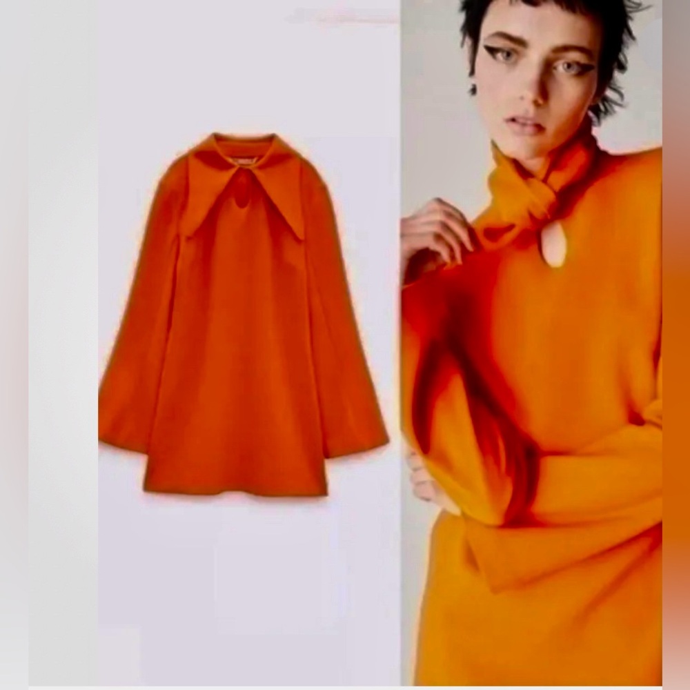 Zara Orange Long-Sleeve Shift Dress with Statement Collar - Picture 2 of 11